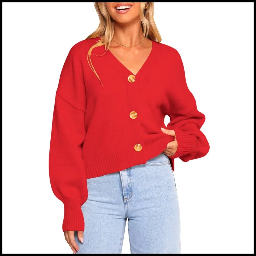 V Neck Cropped Cardigan Lightweight Puff Sleeve Button Up Relaxed Fit Sweater